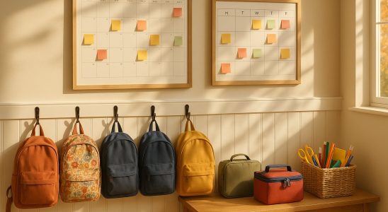 Back-to-school organization reset: family command center with backpacks and a weekly planner